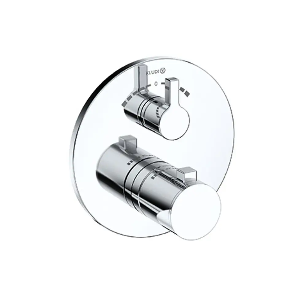 Chromfarbener Wandthermostat mit zwei Bedienknöpfen von Kludi, zur Steuerung von Wasserfluss und Temperaturen. Minimalistisches Design ohne sichtbare Beschriftungen.
